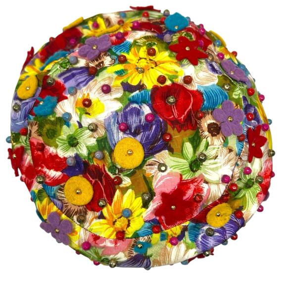 Vintage 1960s Womens Floral Mod Hat Beaded Applique Rozanne NY main image 5
